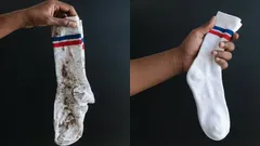 水3リットルに大さじ4杯加えるだけで、古い靴下でも雪のように白くなる